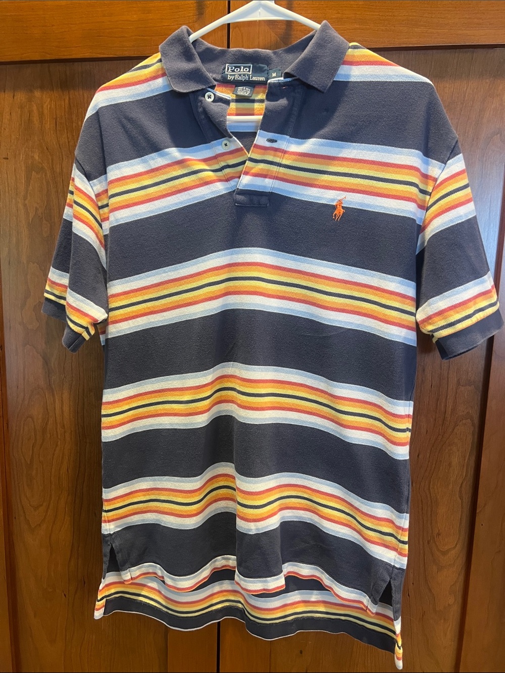 Polo by Ralph Lauren Navy Polo with Yellow, Red and Light Blue Stripes Medium